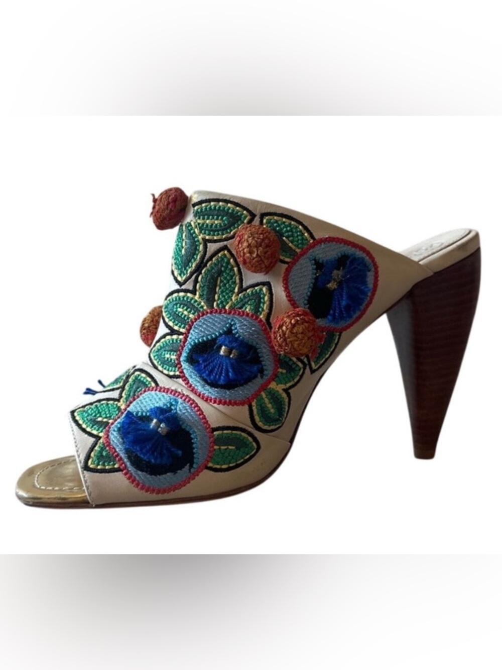 Tory Burch Ellis Embroidered Floral Mule Heels Cream 10